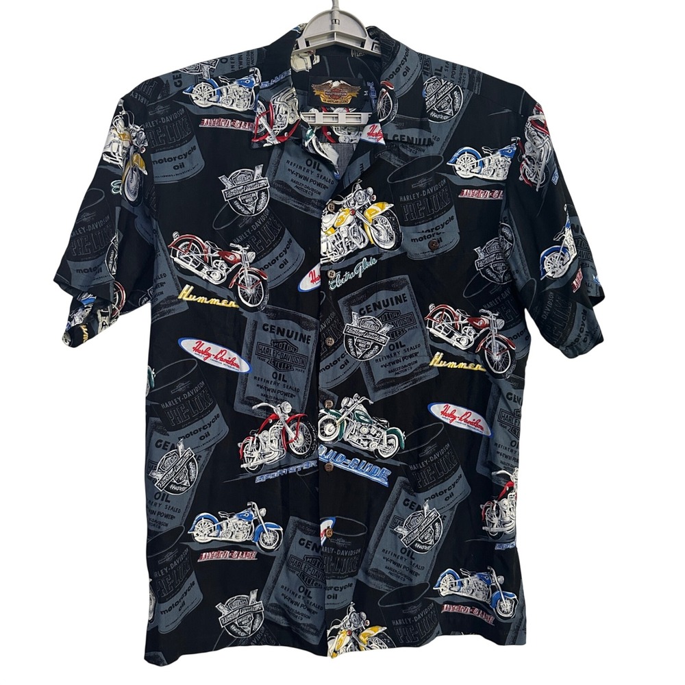 VTG Harley Davidson AOP Button Up Shirt Men M Made in Hawaii Rockabily Biker Oil